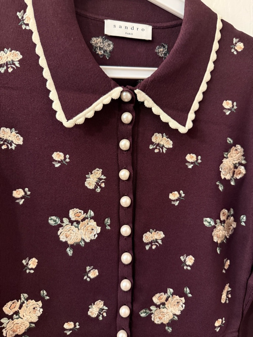 Sandro Floral Embroidered Coatigan - Burgundy - Picture 5 of 5